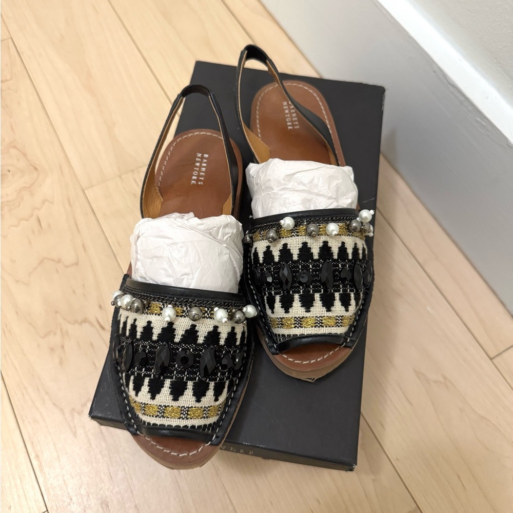 Barneys New York Black and Gold Beaded Slingback Sandals